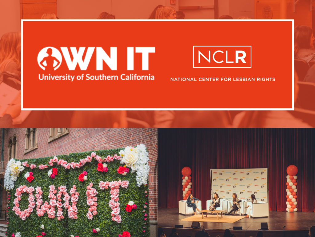 Top Half: USC OWN IT and NCLR logo on an orange background; Bottom Left: decorative foliage wall spells out OWN IT in pink flowers; Bottom Right: four speakers sit on a stage in front of an audience