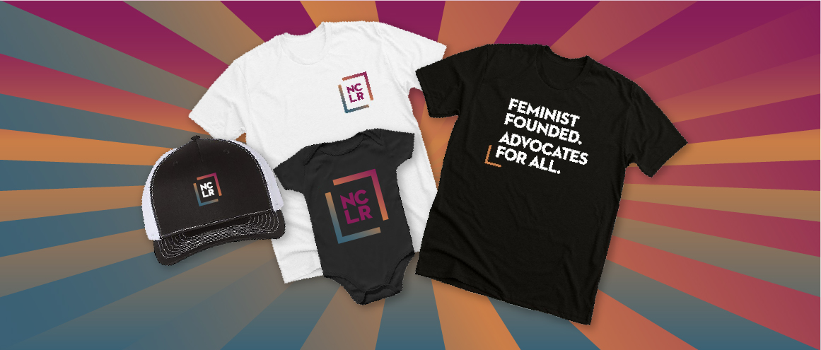 On a graphic featuring NCLR's colors, are photos of NCLR merch including t-shirts, a hat, and a baby onesie